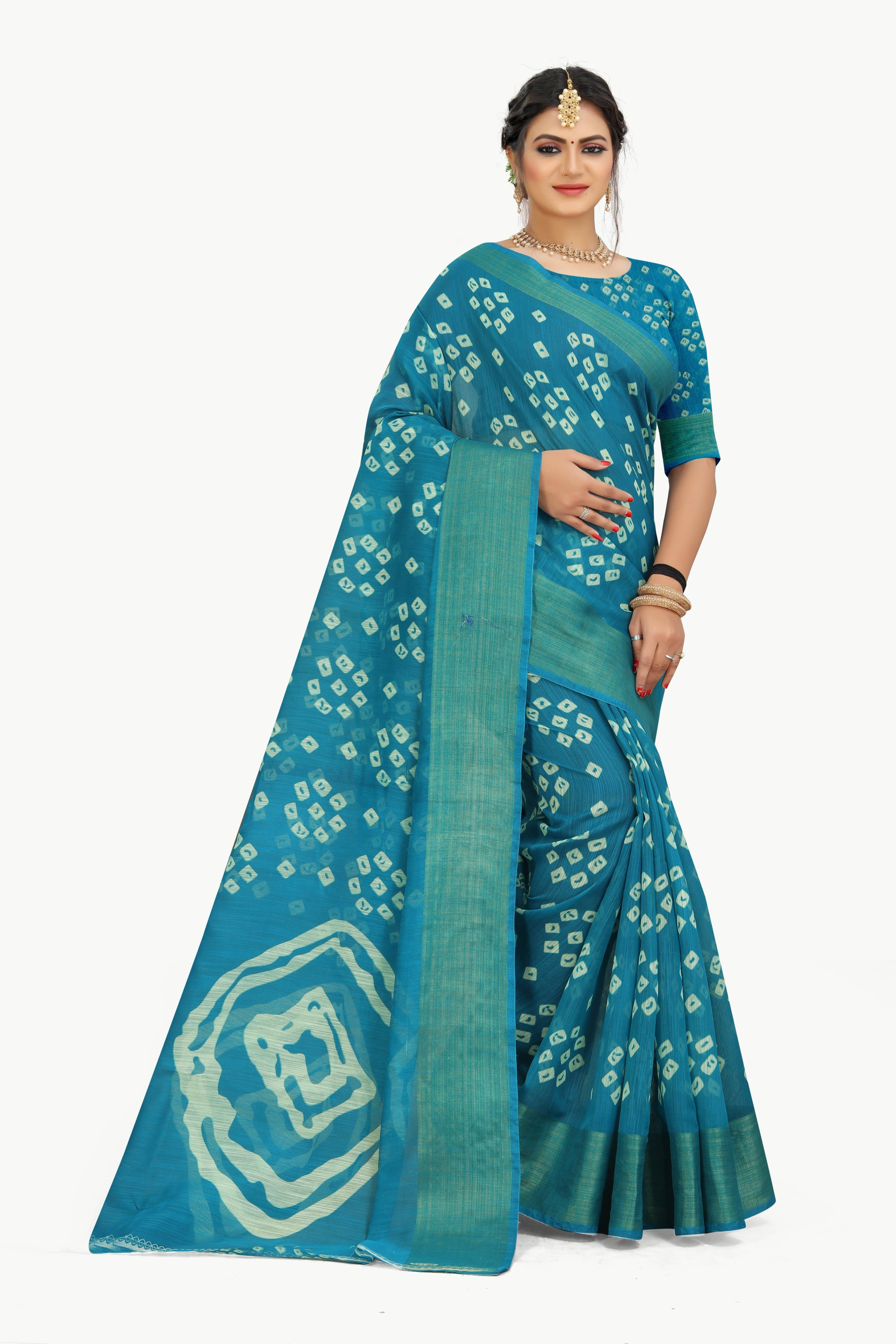     			Suali Cotton Blend Printed Saree With Unstitched Blouse Piece ( Blue )