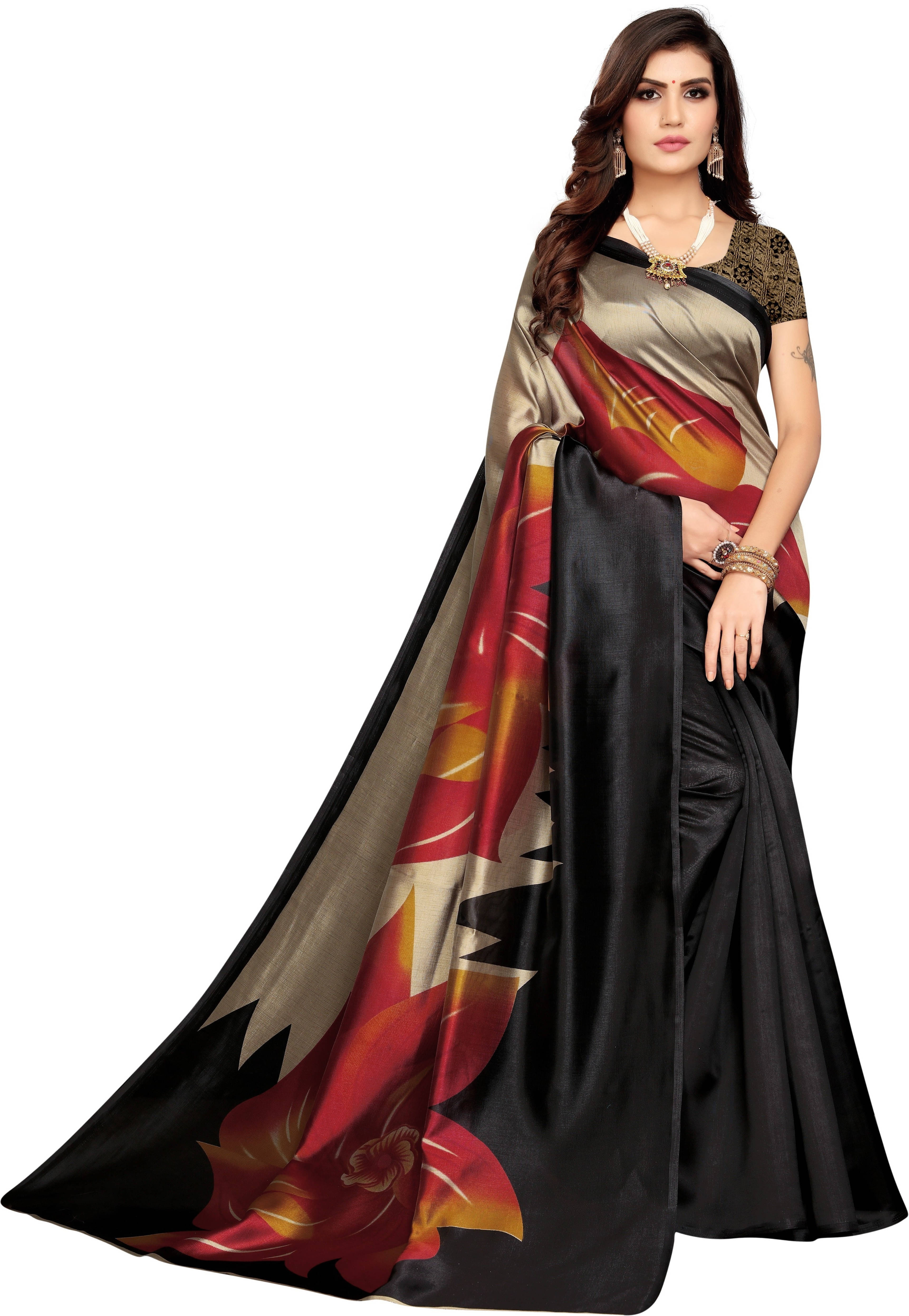 Suali Cotton Blend Printed Saree With Unstitched Blouse Piece ( Black ) Suali Cotton Blend Printed Saree With Unstitched Blouse Piece ( Black )