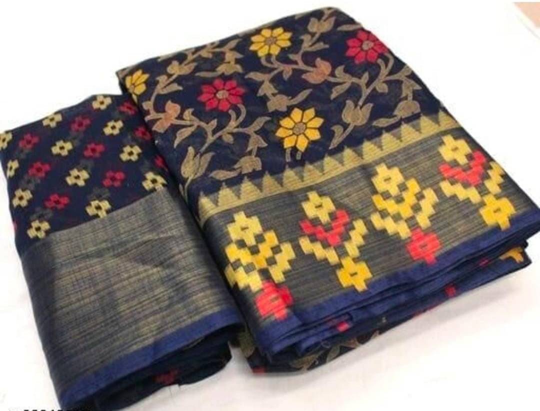     			Suali Cotton Blend Printed Saree With Unstitched Blouse Piece ( Blue )