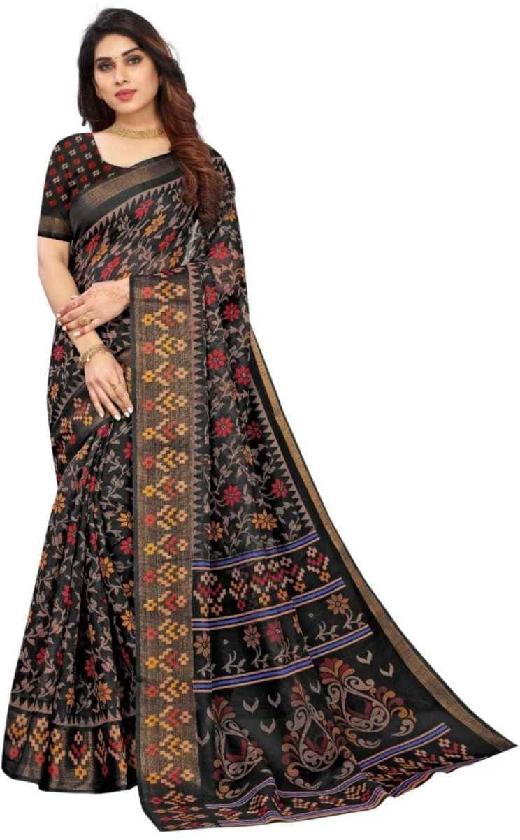     			Suali Cotton Blend Printed Saree With Unstitched Blouse Piece ( Black )