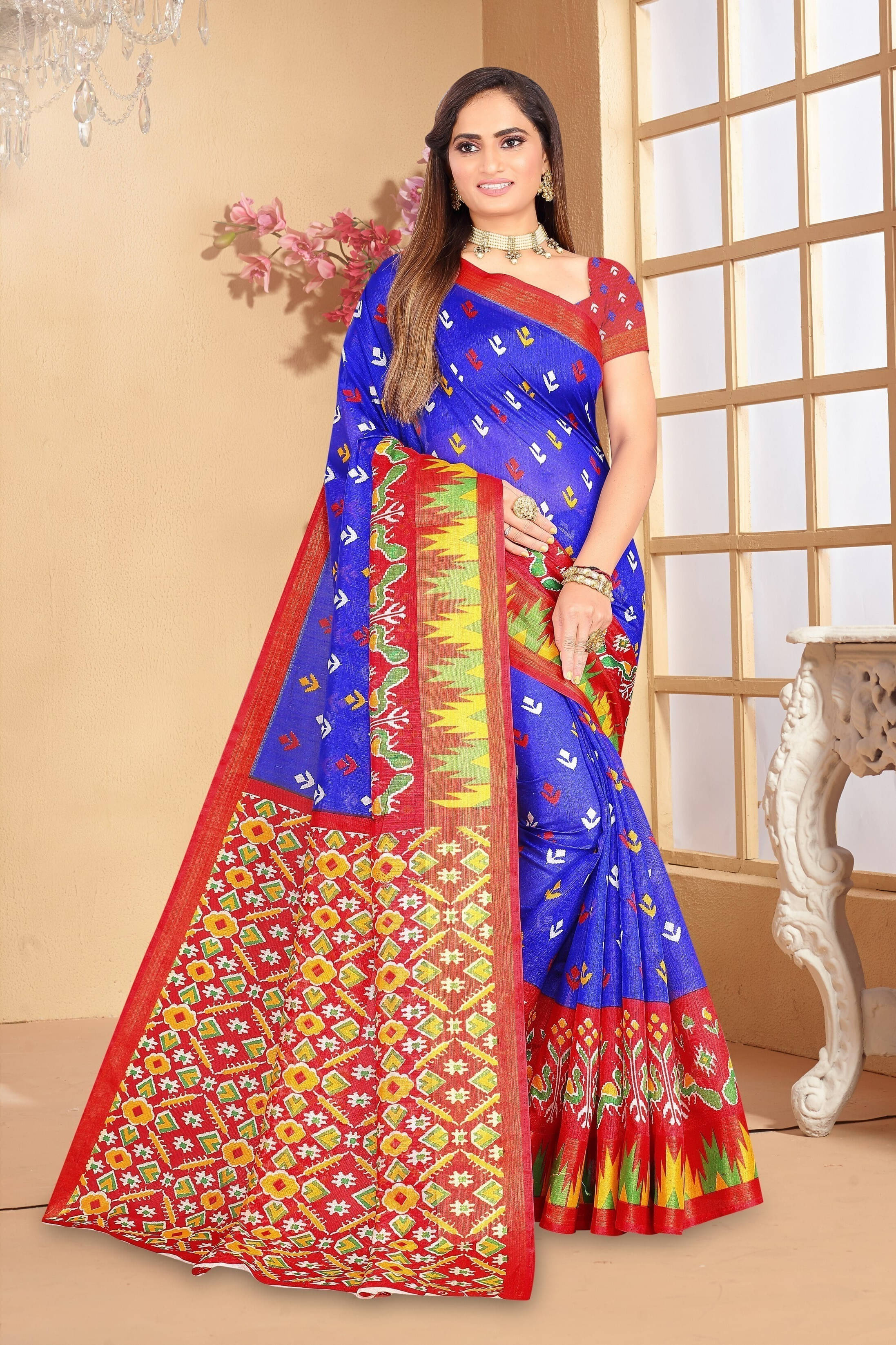     			Suali Cotton Blend Printed Saree With Unstitched Blouse Piece ( Red )