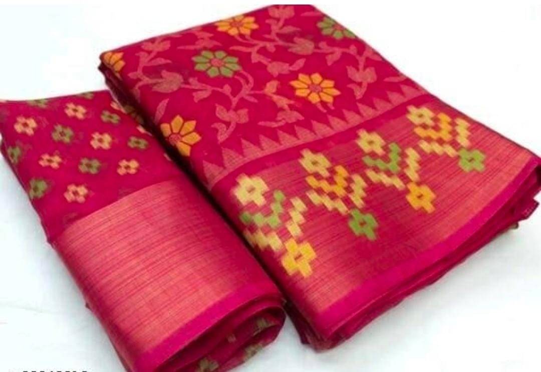     			Suali Cotton Blend Printed Saree With Unstitched Blouse Piece ( Pink )