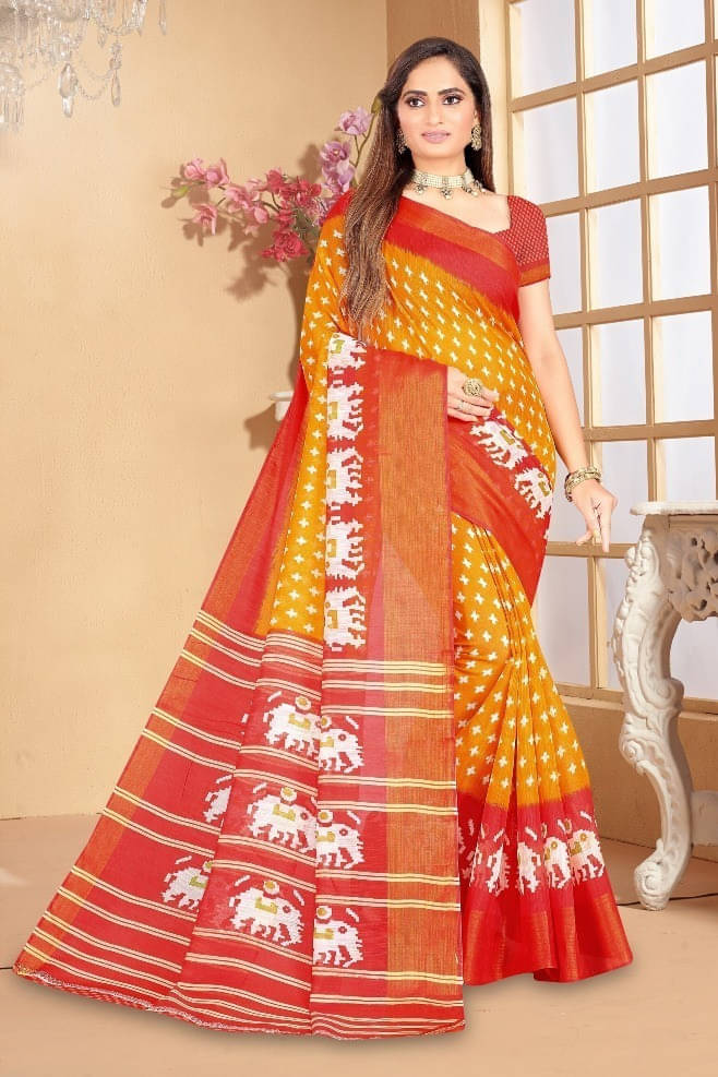     			Suali Cotton Blend Printed Saree With Unstitched Blouse Piece ( Yellow )