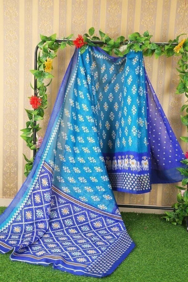     			Suali Cotton Blend Printed Saree With Unstitched Blouse Piece ( Blue )