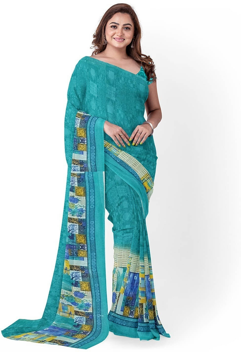     			Suali Cotton Blend Printed Saree With Unstitched Blouse Piece ( Blue )