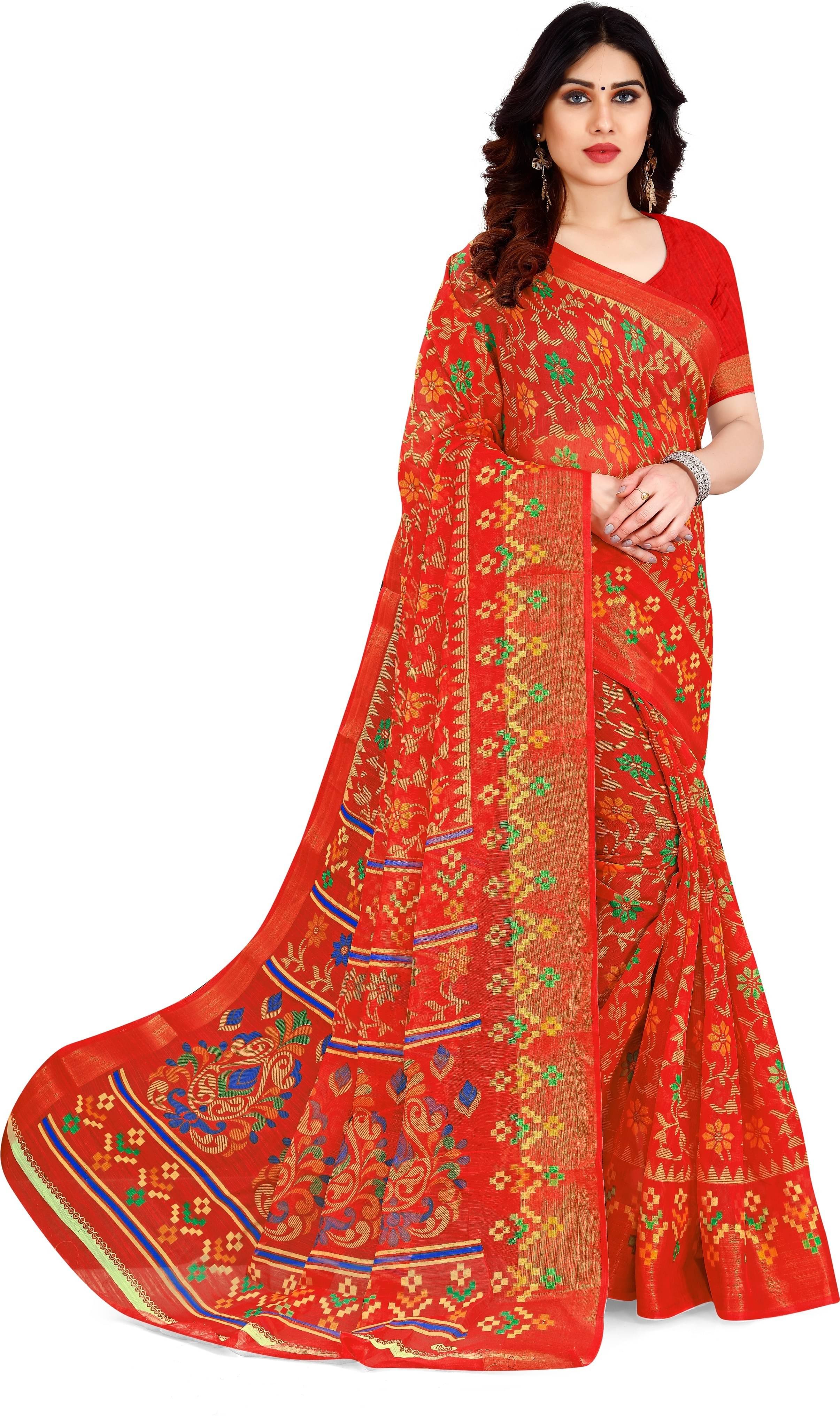     			Suali Cotton Blend Printed Saree With Unstitched Blouse Piece ( Red )
