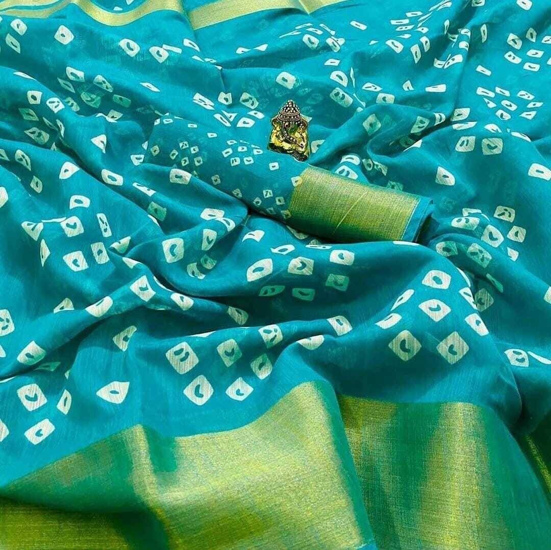     			Suali Cotton Blend Printed Saree With Unstitched Blouse Piece ( Blue )
