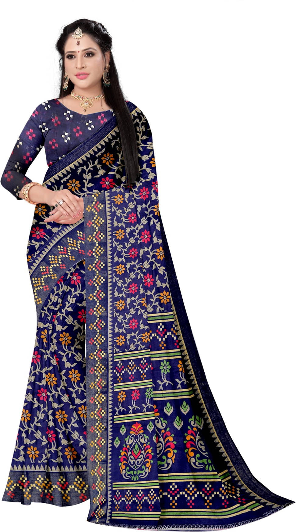 Suali Cotton Blend Printed Saree With Unstitched Blouse Piece ( Blue ) Suali Cotton Blend Printed Saree With Unstitched Blouse Piece ( Blue )
