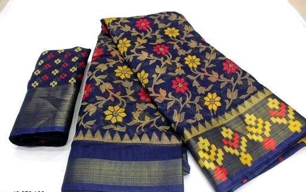    			Suali Cotton Blend Self Design Saree With Unstitched Blouse Piece ( Blue )