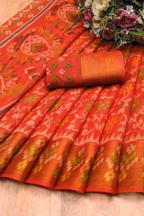 Suali Cotton Blend Self Design Saree With Unstitched Blouse Piece ( Orange ) Suali Cotton Blend Self Design Saree With Unstitched Blouse Piece ( Orange )