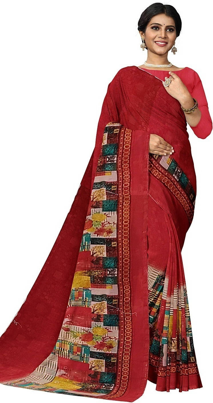 Suali Cotton Blend Self Design Saree With Unstitched Blouse Piece ( Red ) Suali Cotton Blend Self Design Saree With Unstitched Blouse Piece ( Red )