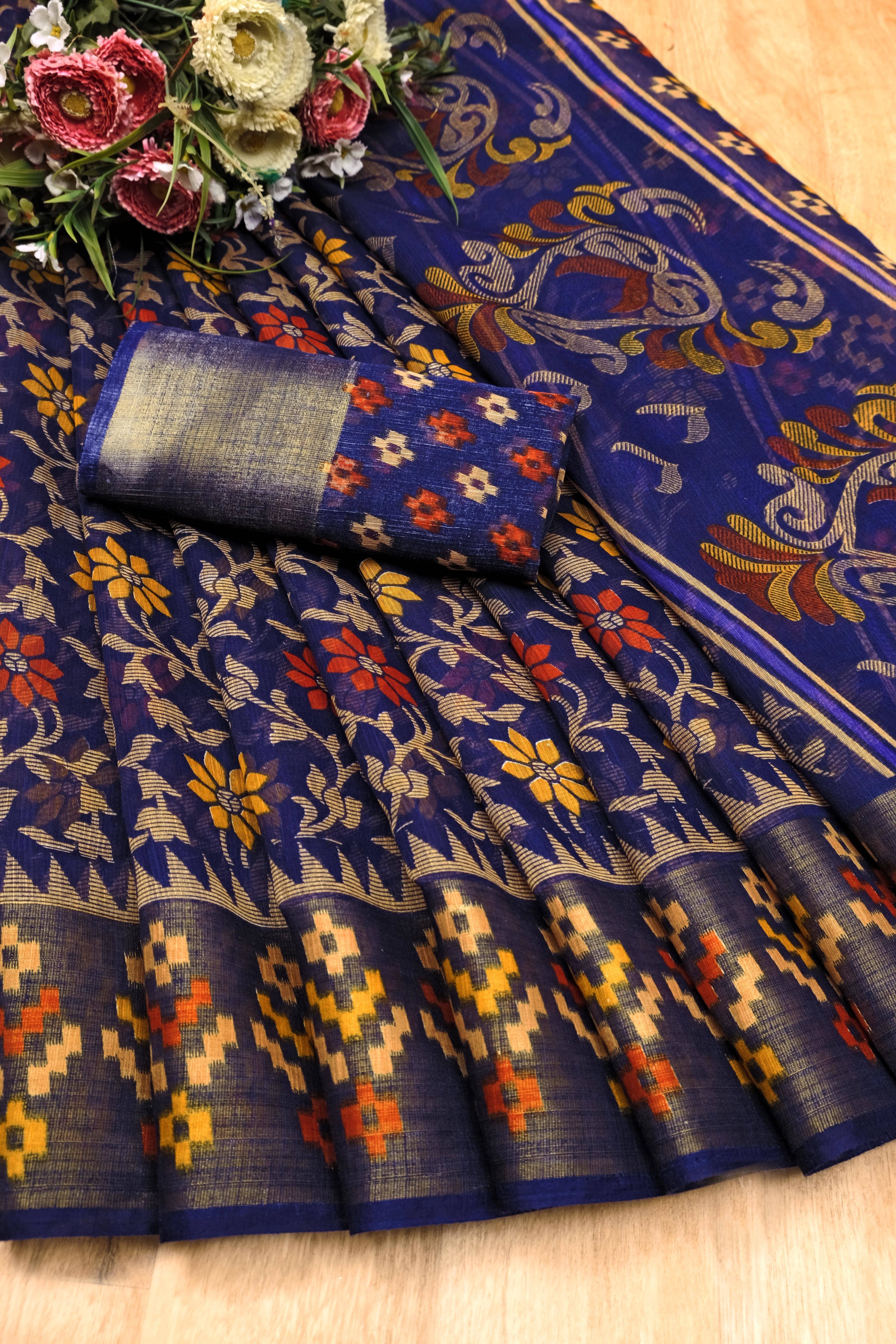     			Suali Cotton Blend Solid Saree With Unstitched Blouse Piece ( Blue )