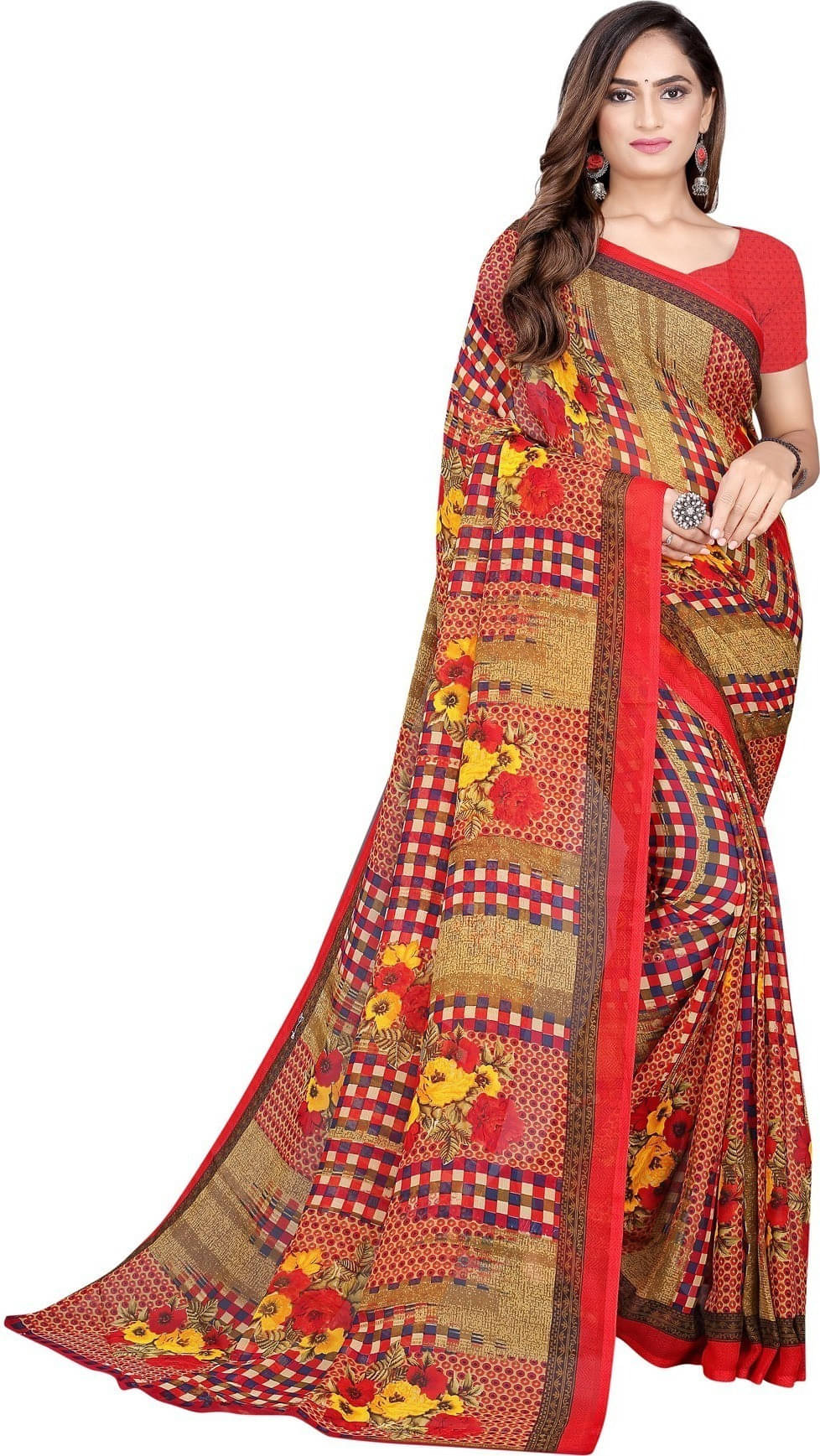 Suali Cotton Blend Striped Saree With Unstitched Blouse Piece ( Red ) Suali Cotton Blend Striped Saree With Unstitched Blouse Piece ( Red )