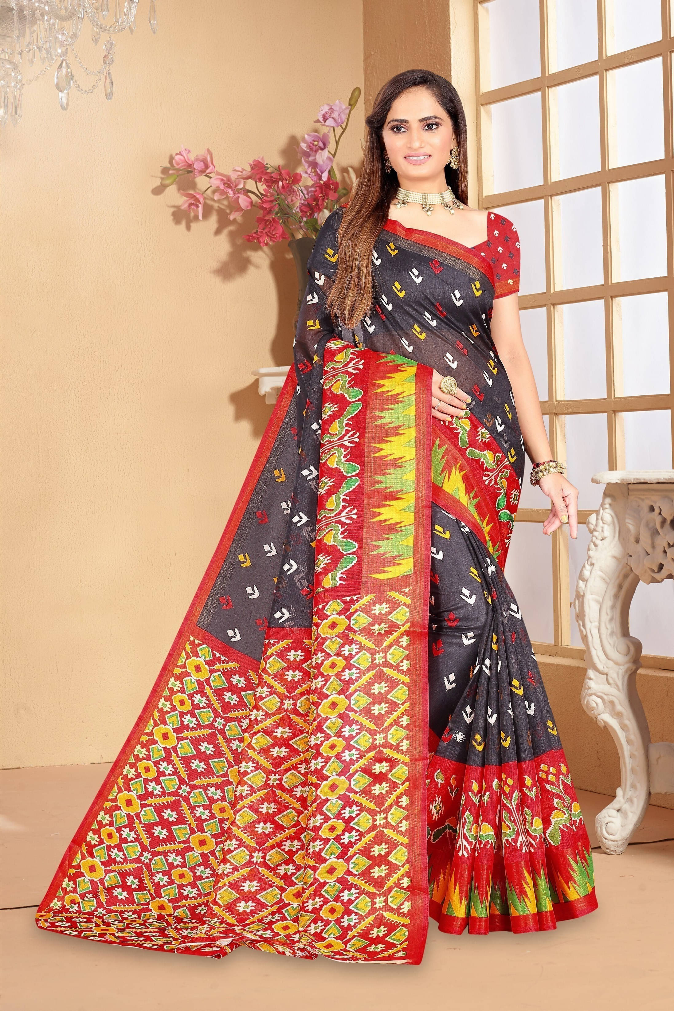     			Suali Cotton Blend Striped Saree With Unstitched Blouse Piece ( Red )