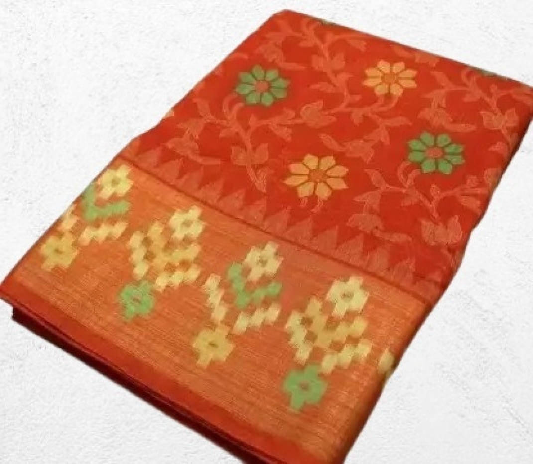     			Suali Cotton Blend Striped Saree With Unstitched Blouse Piece ( Orange )