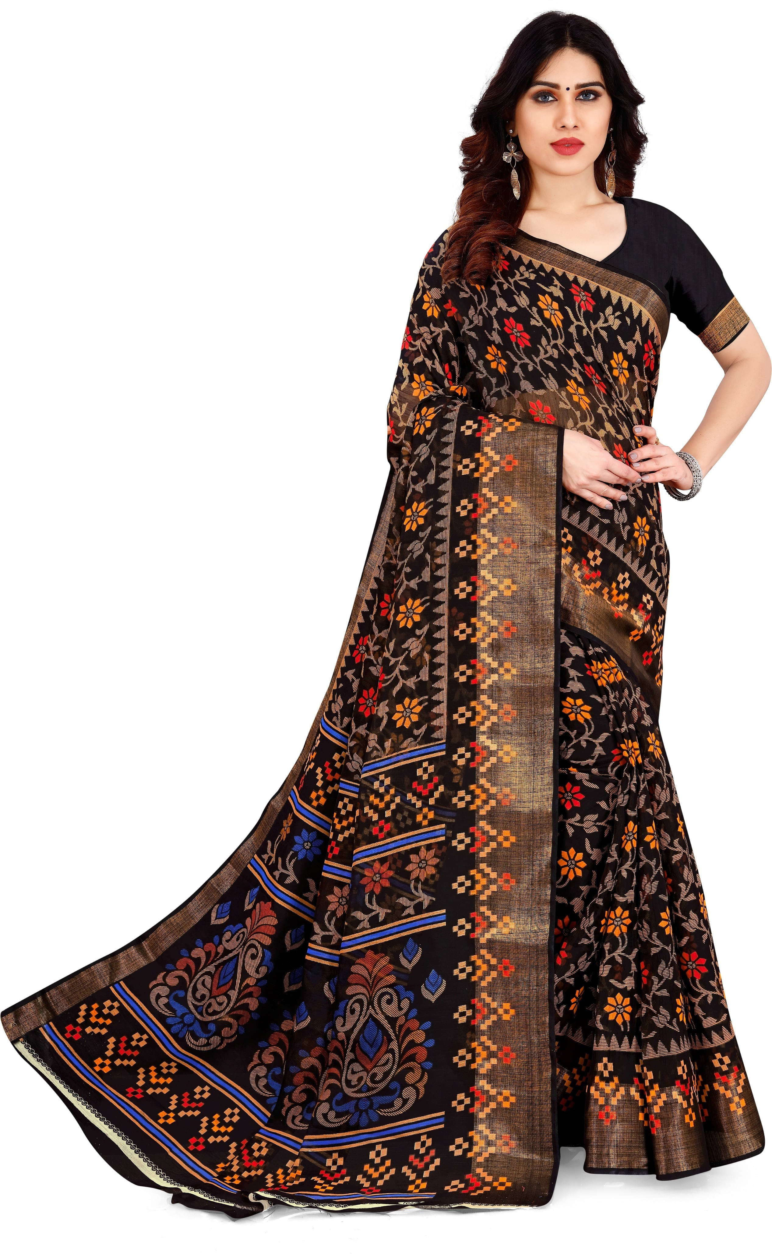     			Suali Cotton Blend Striped Saree With Unstitched Blouse Piece ( Black )