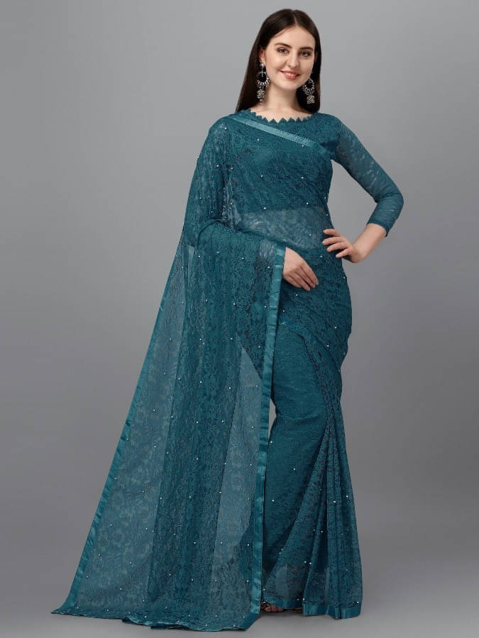     			Suali Cotton Blend Striped Saree With Unstitched Blouse Piece ( Blue )