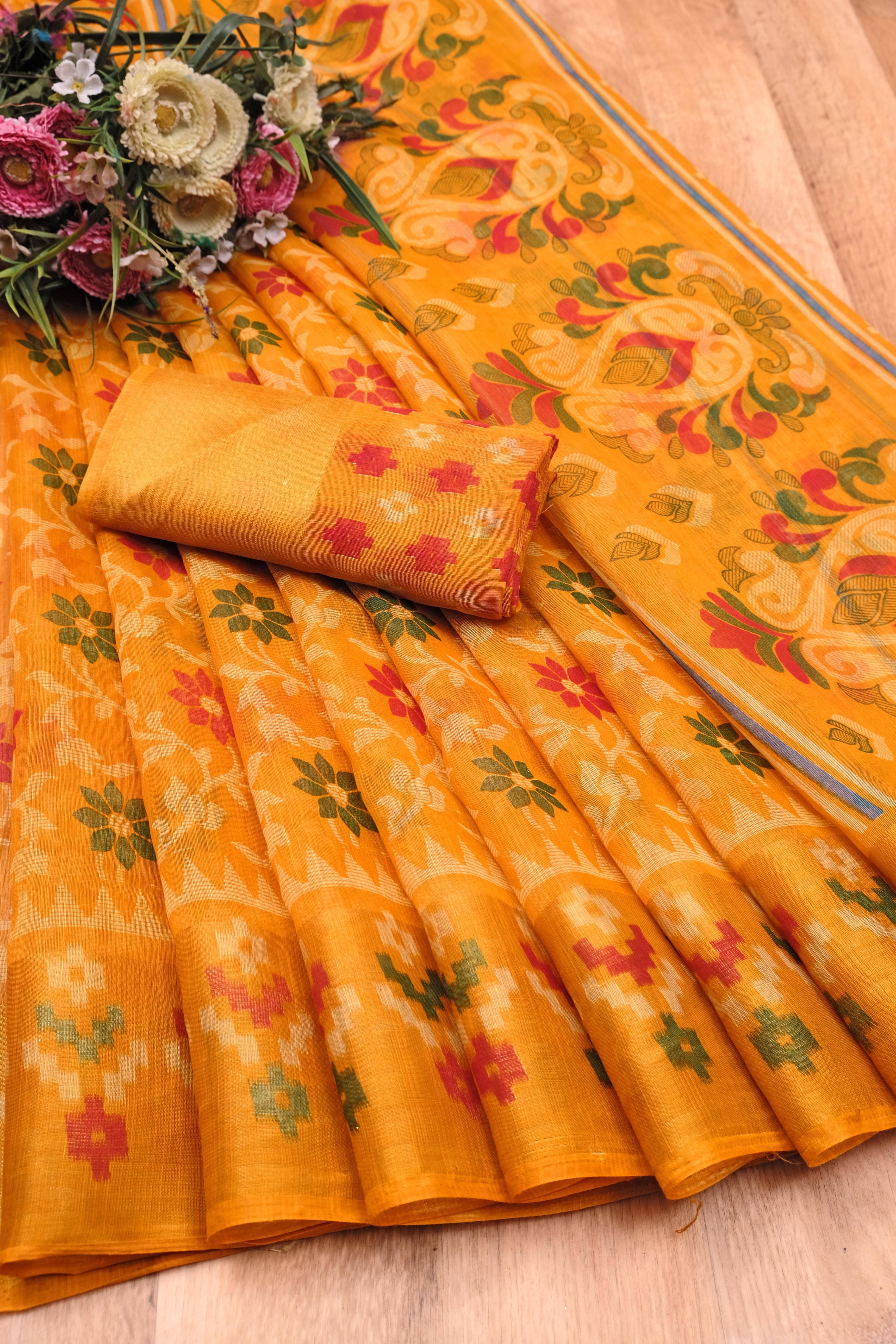 Suali Cotton Blend Woven Saree With Unstitched Blouse Piece ( Mustard ) Suali Cotton Blend Woven Saree With Unstitched Blouse Piece ( Mustard )