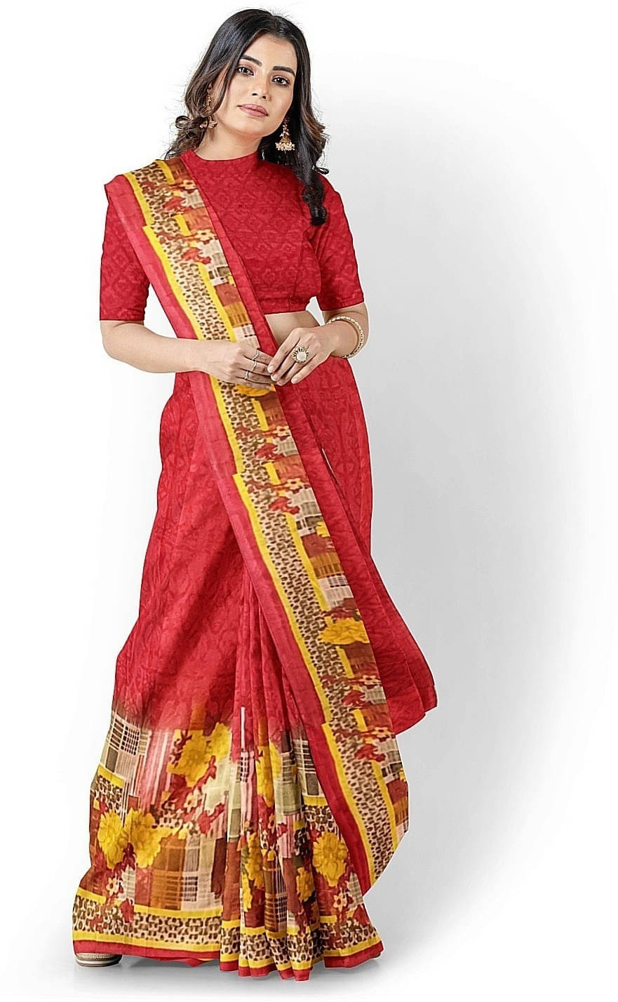Suali Cotton Blend Woven Saree With Unstitched Blouse Piece ( Red ) Suali Cotton Blend Woven Saree With Unstitched Blouse Piece ( Red )