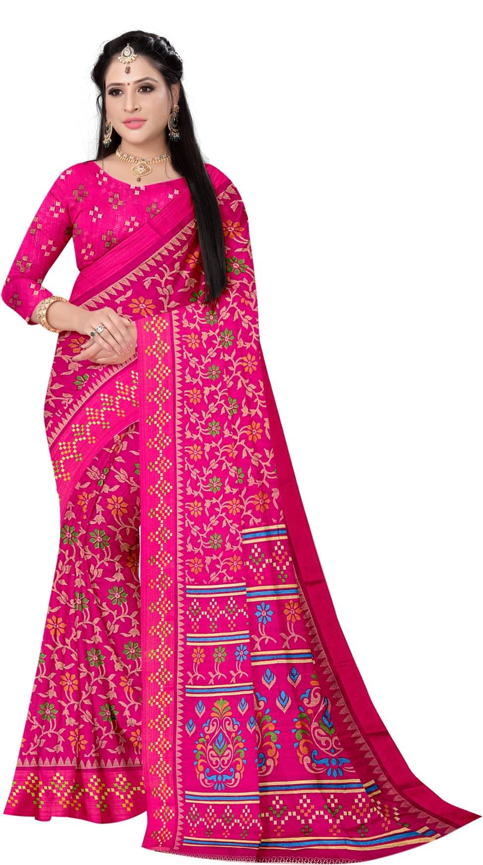     			Suali Cotton Printed Saree With Unstitched Blouse Piece ( Pink )