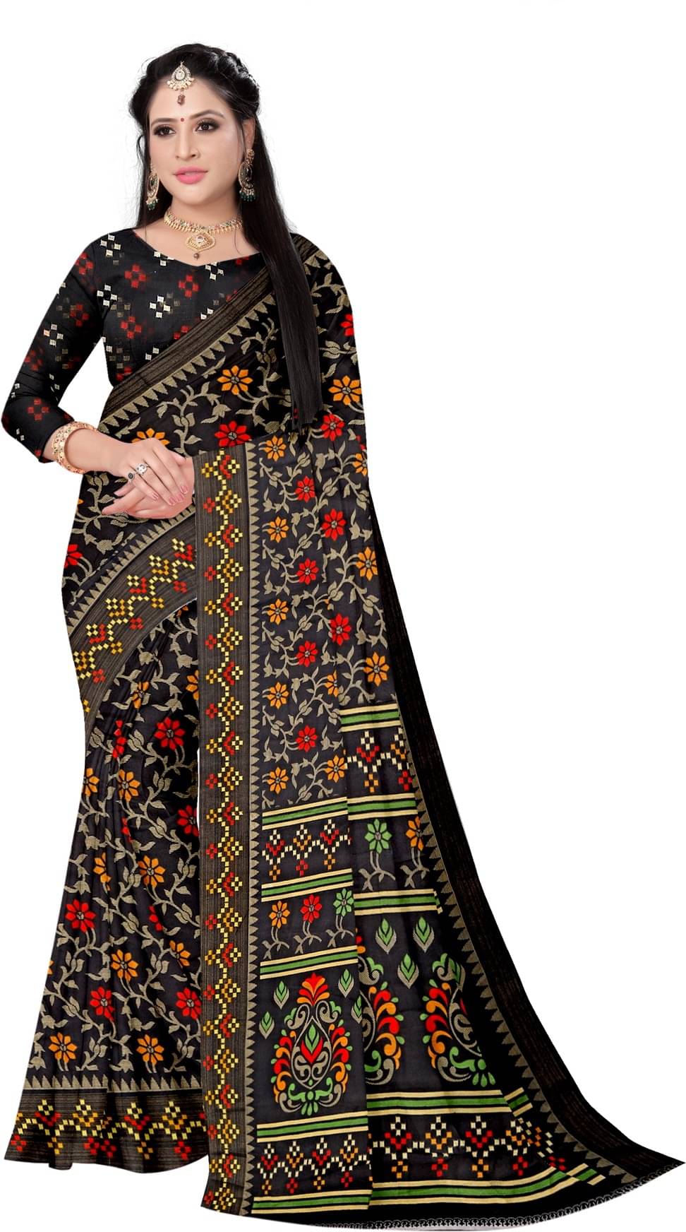 Suali Cotton Printed Saree With Unstitched Blouse Piece ( Black ) Suali Cotton Printed Saree With Unstitched Blouse Piece ( Black )