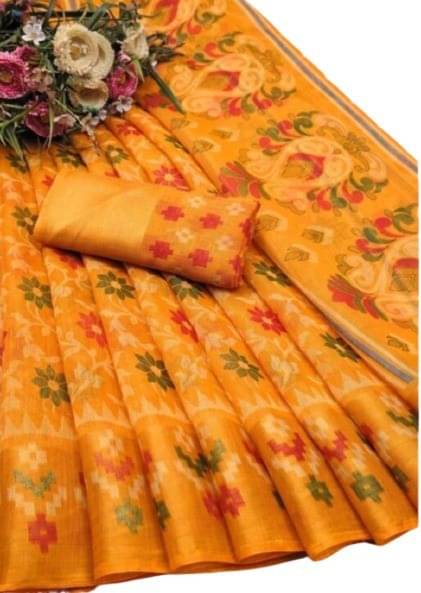 Suali Cotton Silk Printed Saree With Unstitched Blouse Piece ( Yellow ) Suali Cotton Silk Printed Saree With Unstitched Blouse Piece ( Yellow )