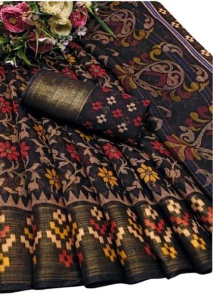     			Suali Cotton Silk Printed Saree With Unstitched Blouse Piece ( Black )