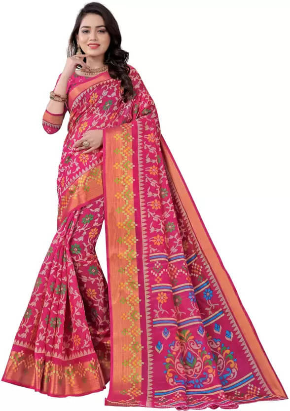     			Suali Cotton Silk Printed Saree With Unstitched Blouse Piece ( Pink )