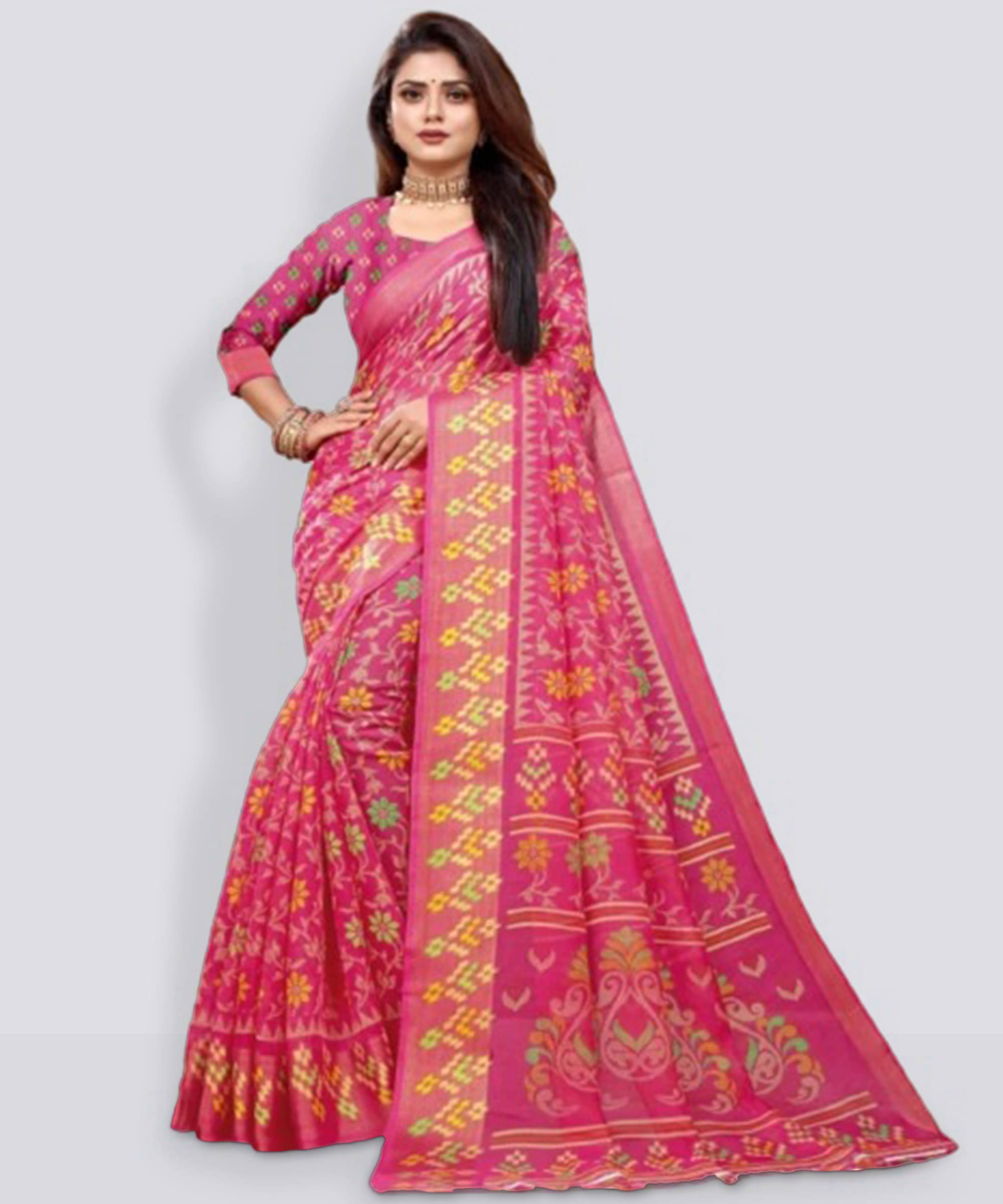     			Suali Cotton Silk Printed Saree With Unstitched Blouse Piece ( Pink )