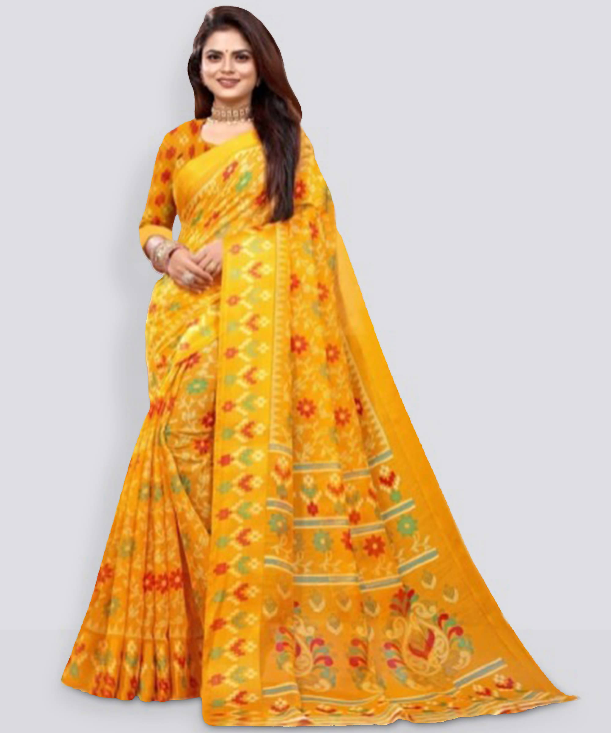     			Suali Cotton Silk Printed Saree With Unstitched Blouse Piece ( Yellow )