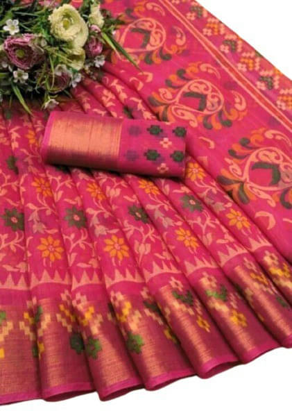     			Suali Cotton Silk Printed Saree With Unstitched Blouse Piece ( Pink )