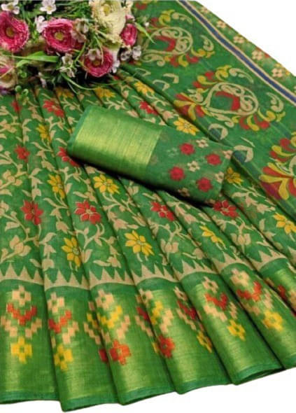     			Suali Cotton Silk Printed Saree With Unstitched Blouse Piece ( Green )
