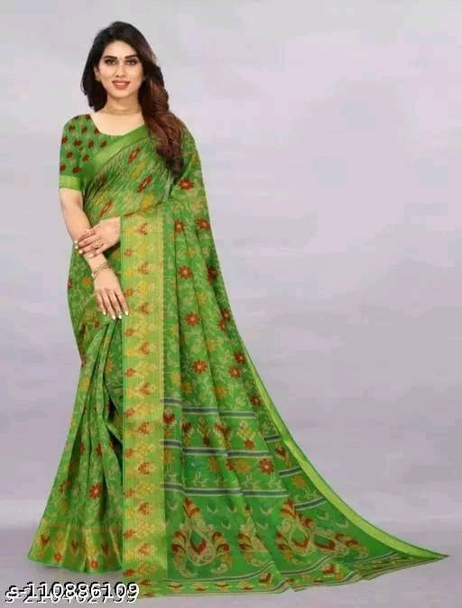     			Suali Cotton Silk Printed Saree With Unstitched Blouse Piece ( Green )