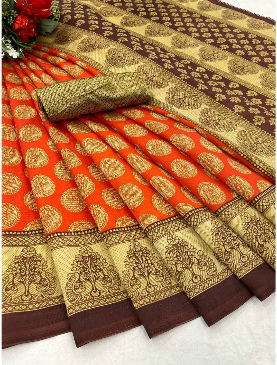     			Suali Georgette Applique Saree With Unstitched Blouse Piece ( Orange )