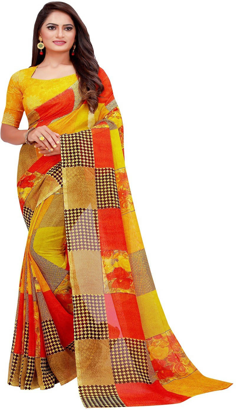 Suali Georgette Checks Saree With Unstitched Blouse Piece ( Yellow ) Suali Georgette Checks Saree With Unstitched Blouse Piece ( Yellow )