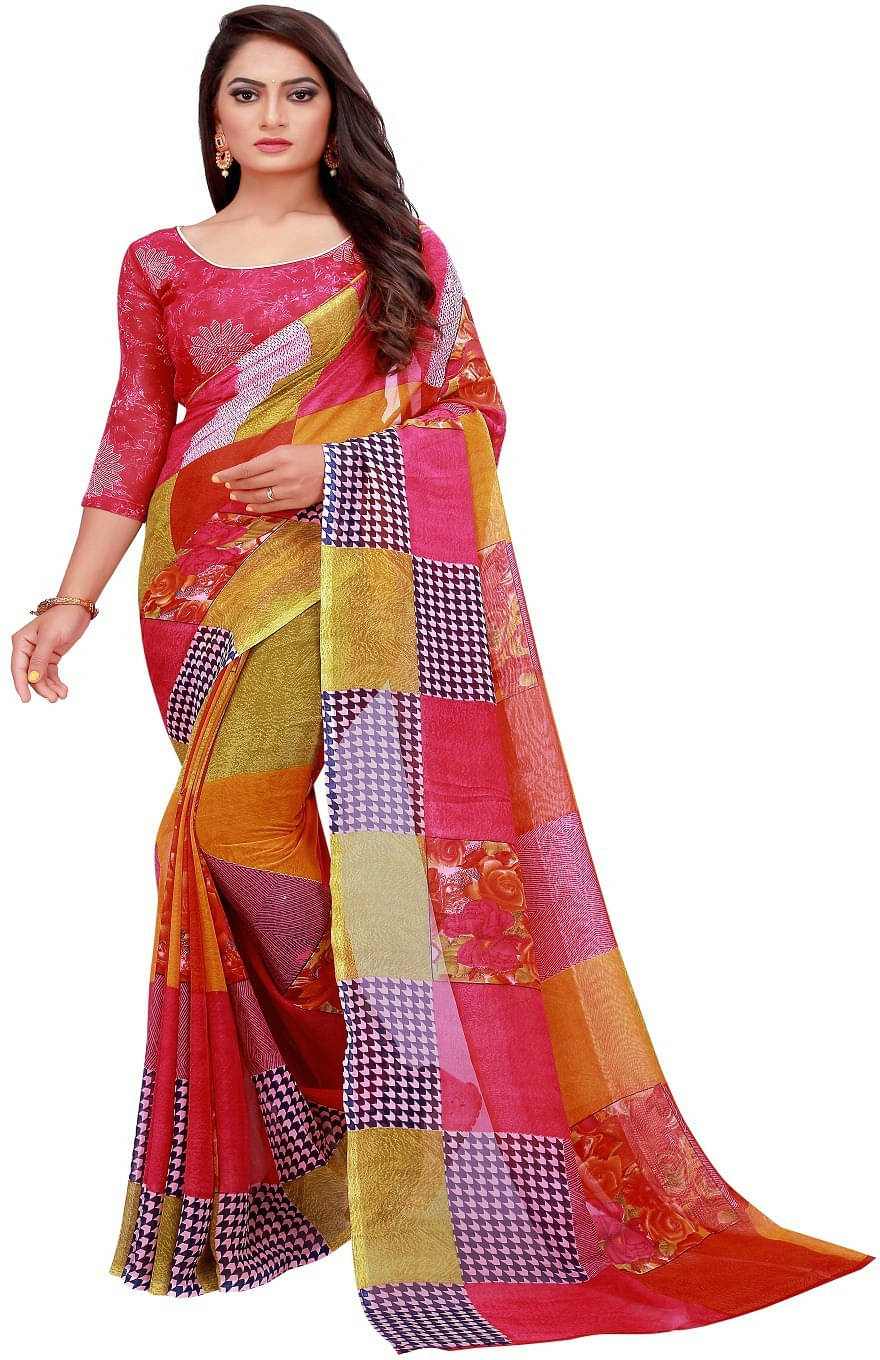     			Suali Georgette Checks Saree With Unstitched Blouse Piece ( Multicolor )