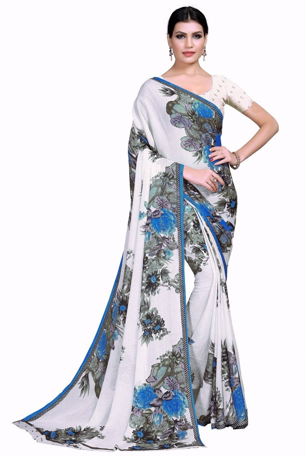     			Suali Georgette Embroidered Saree With Unstitched Blouse Piece ( Blue )