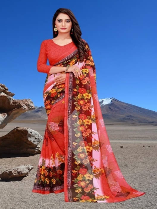 Suali Georgette Printed Saree With Unstitched Blouse Piece ( Multicolor )     			Suali Georgette Printed Saree With Unstitched Blouse Piece ( Multicolor )