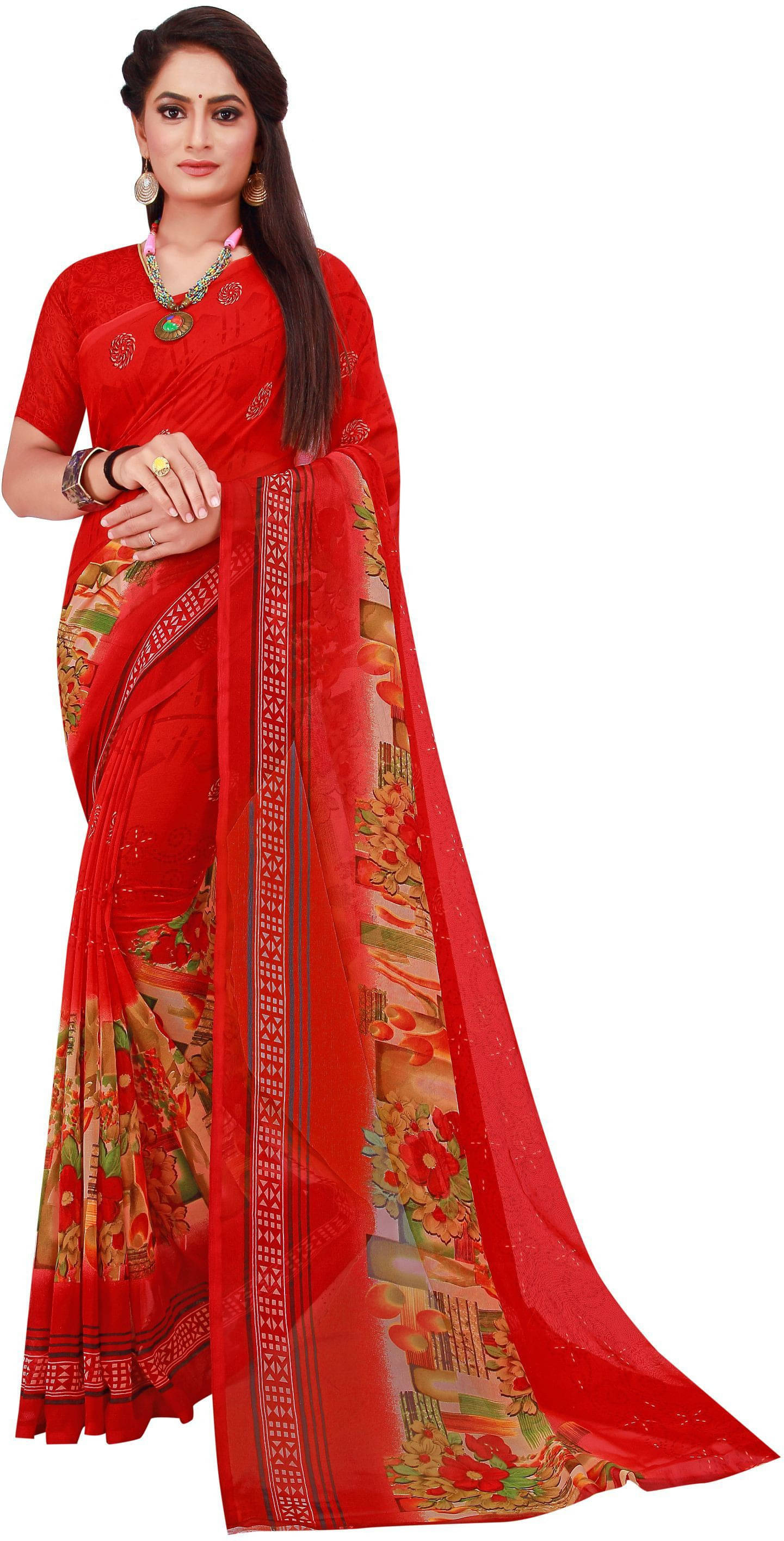     			Suali Georgette Printed Saree With Unstitched Blouse Piece ( Red )