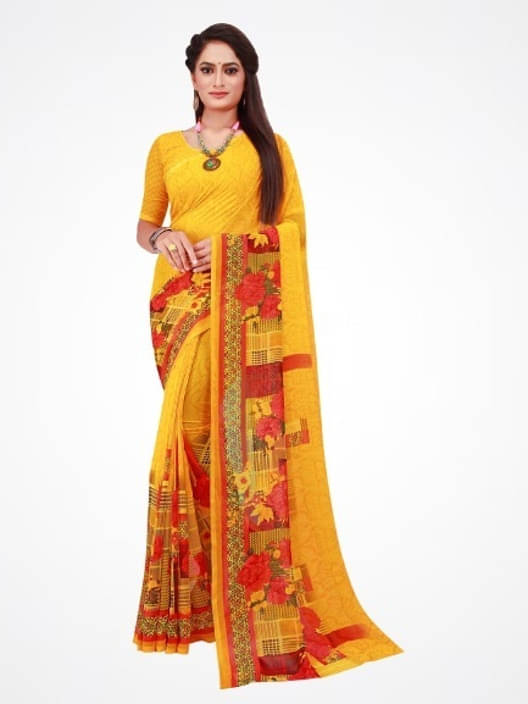     			Suali Georgette Printed Saree With Unstitched Blouse Piece ( Yellow )