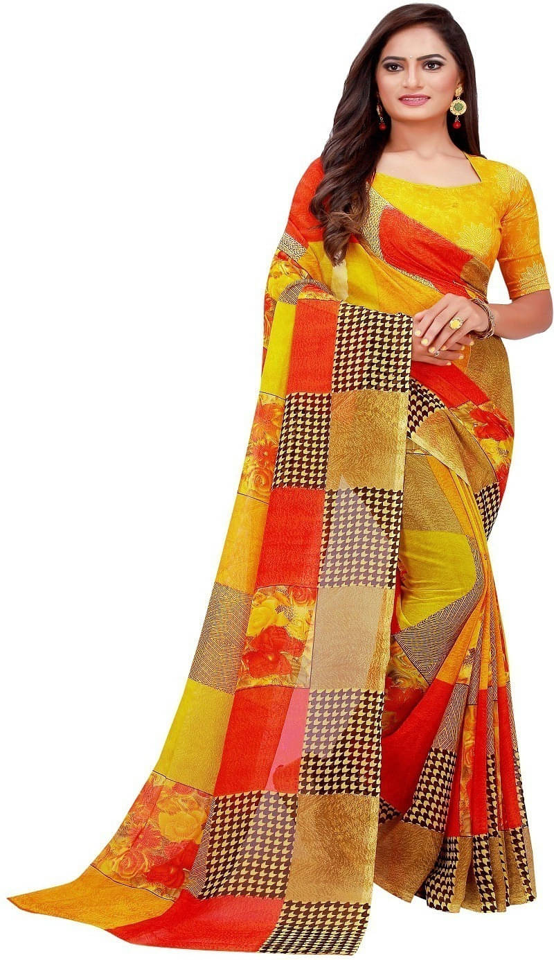     			Suali Georgette Printed Saree With Unstitched Blouse Piece ( Yellow )