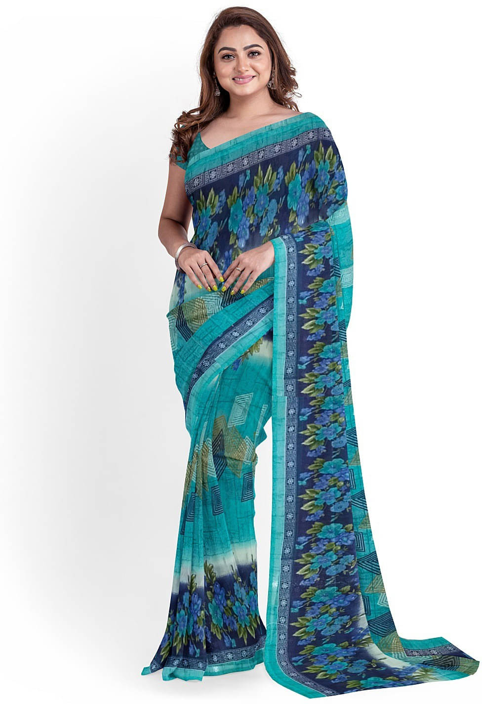     			Suali Georgette Printed Saree With Unstitched Blouse Piece ( Green )