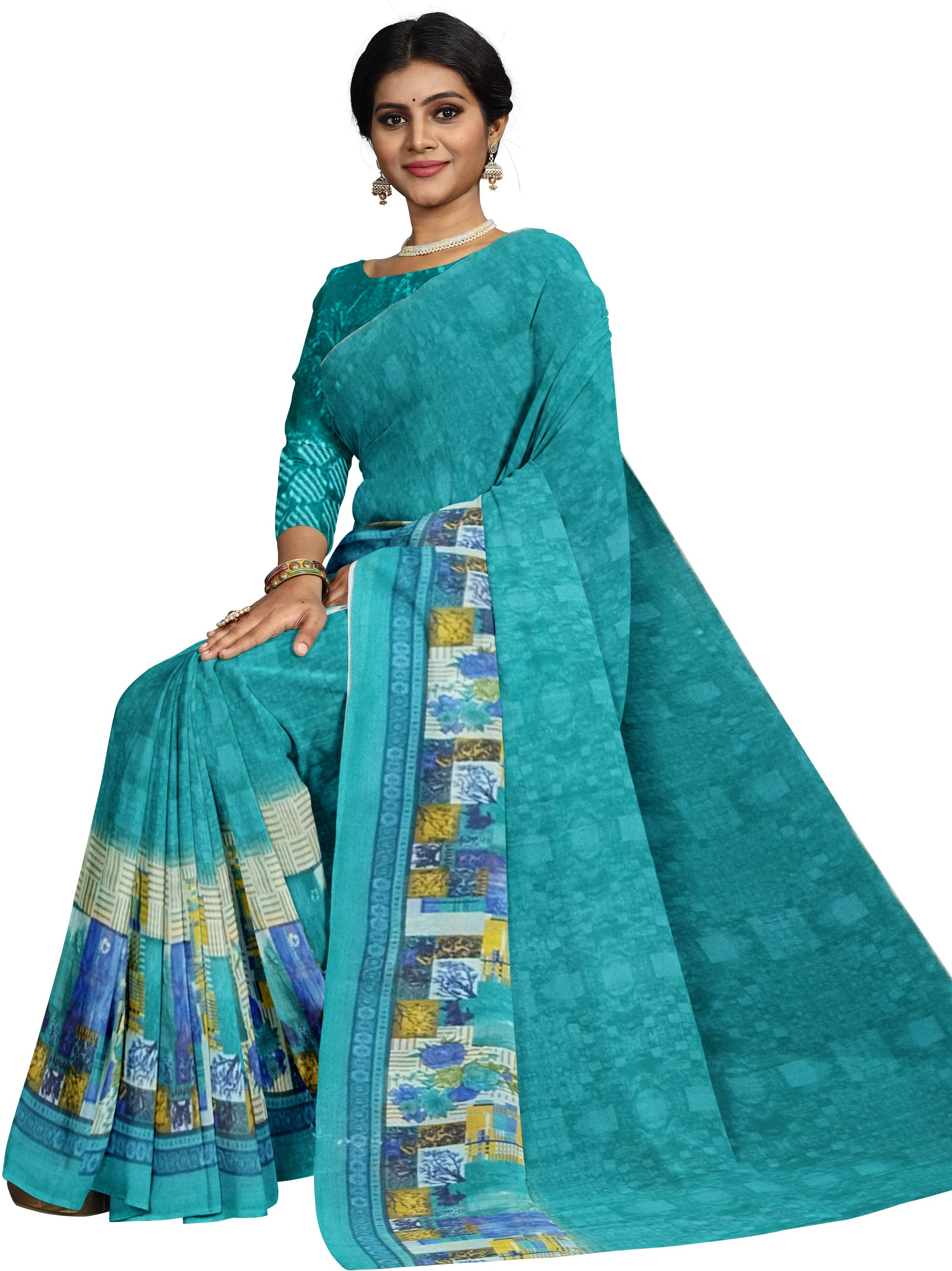     			Suali Georgette Printed Saree With Unstitched Blouse Piece ( Blue )