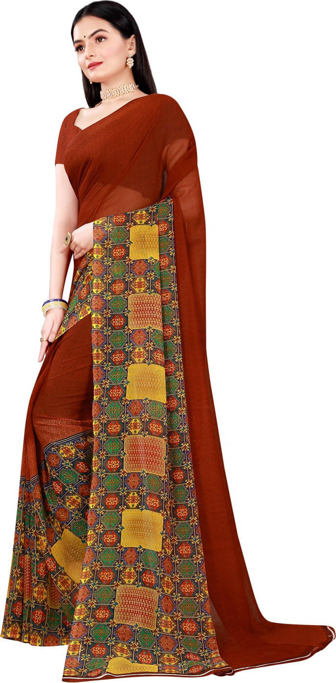     			Suali Georgette Printed Saree With Unstitched Blouse Piece ( Brown )