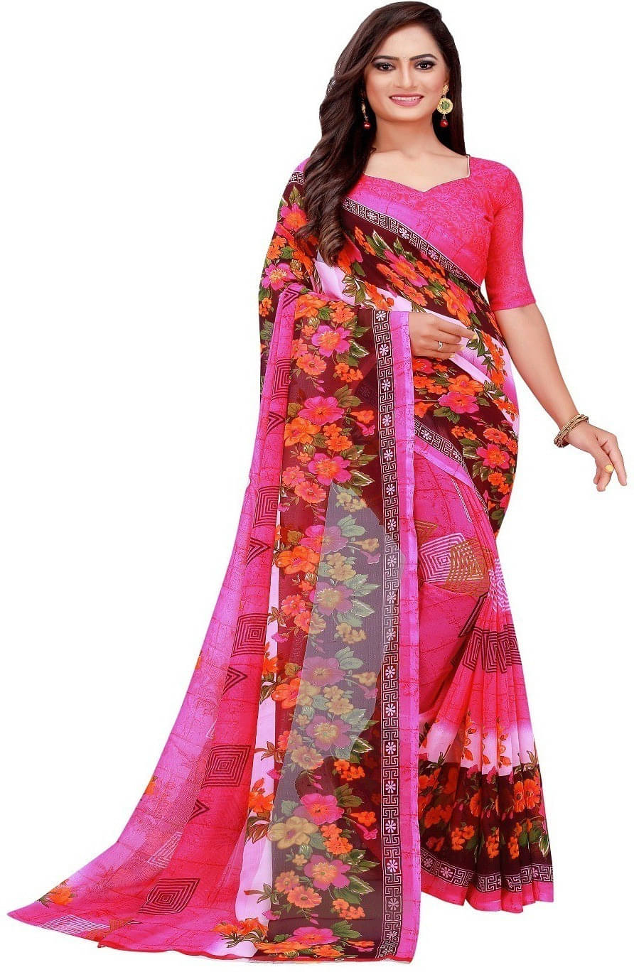 Suali Georgette Printed Saree With Unstitched Blouse Piece ( Pink ) Suali Georgette Printed Saree With Unstitched Blouse Piece ( Pink )
