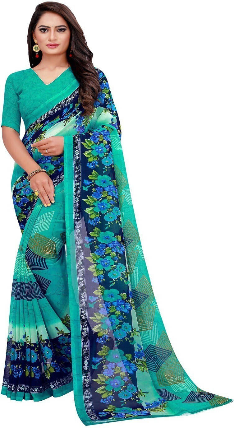     			Suali Georgette Printed Saree With Unstitched Blouse Piece ( Multicolor )