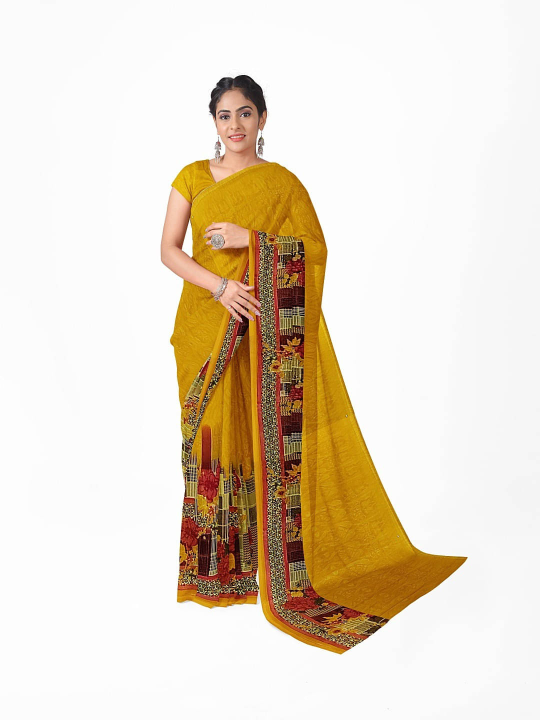 Suali Georgette Printed Saree With Unstitched Blouse Piece ( Yellow ) Suali Georgette Printed Saree With Unstitched Blouse Piece ( Yellow )