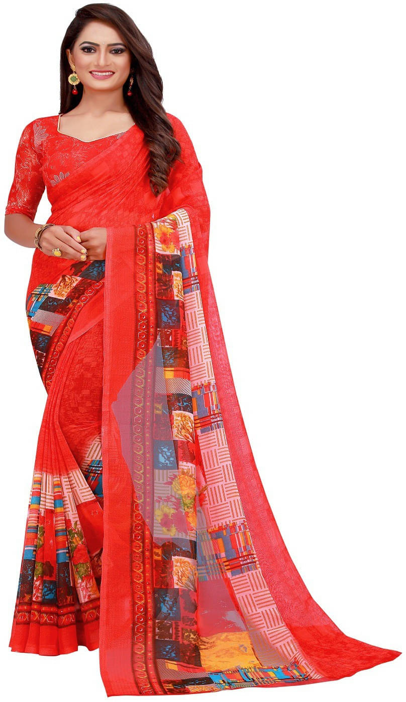 Suali Georgette Printed Saree With Unstitched Blouse Piece ( Red ) Suali Georgette Printed Saree With Unstitched Blouse Piece ( Red )