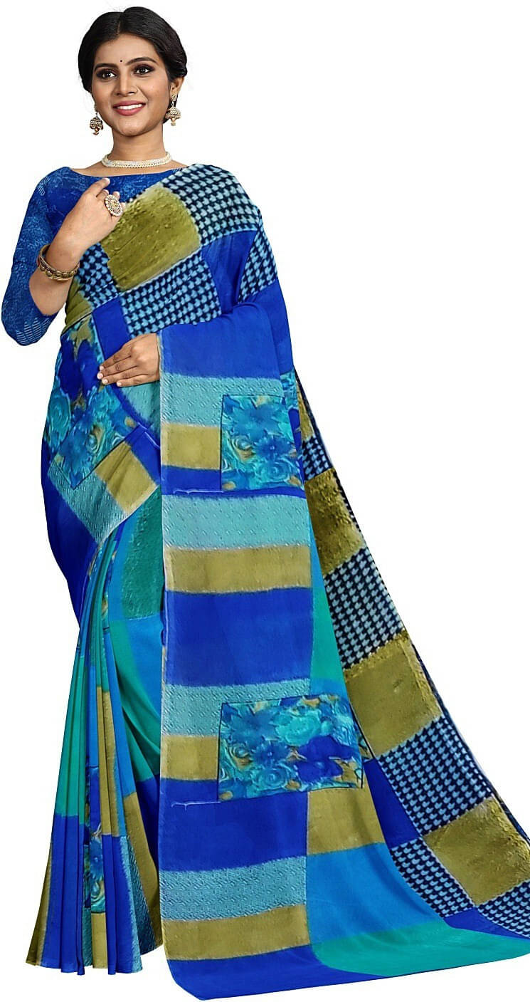     			Suali Georgette Printed Saree With Unstitched Blouse Piece ( Blue )