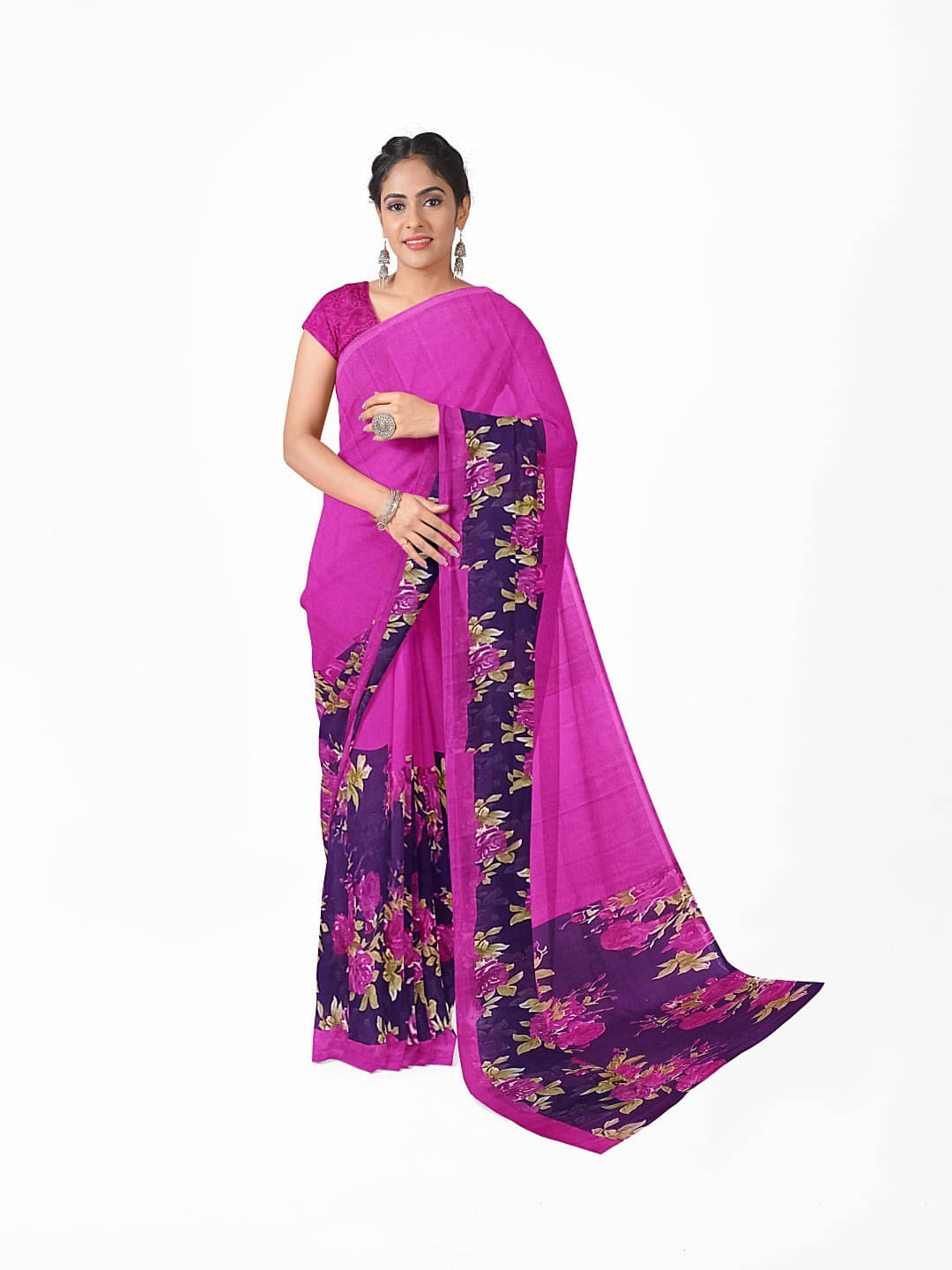     			Suali Georgette Printed Saree With Unstitched Blouse Piece ( Purple )